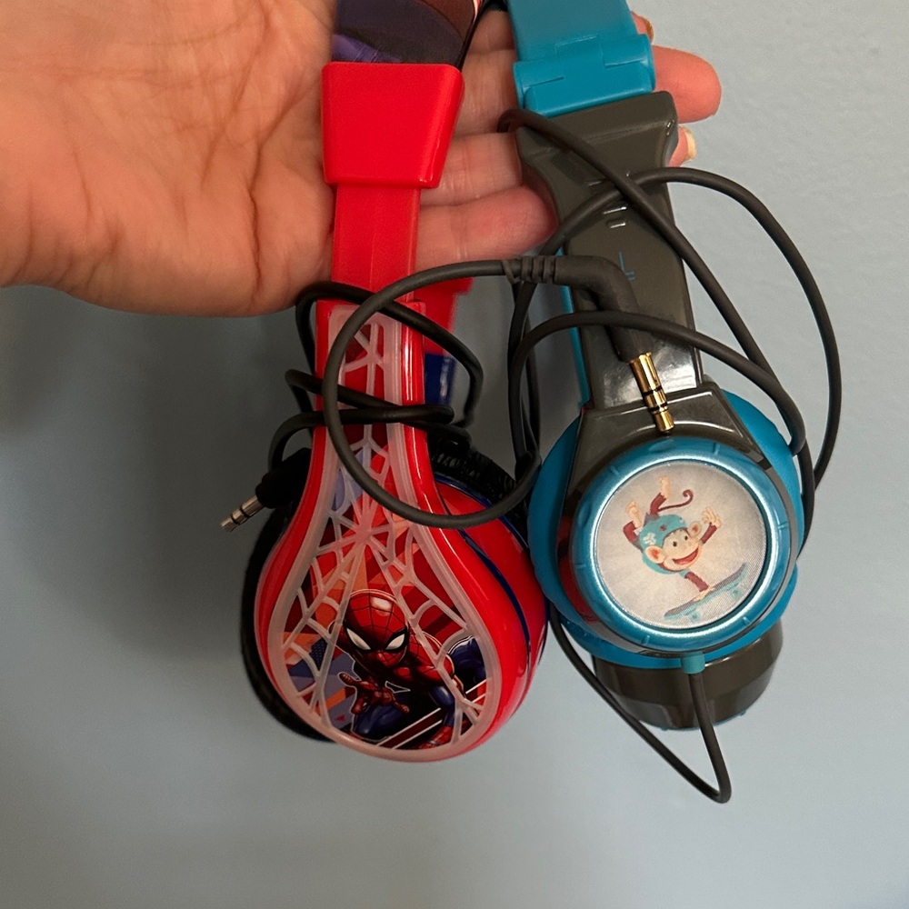 Spider Man Red and Black Kids Headphones and Blue Hologram Monkey Headphones